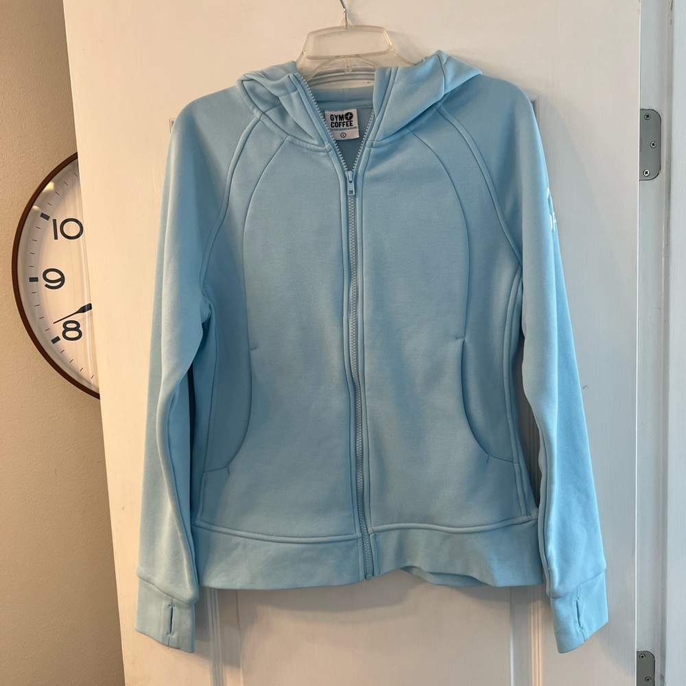Gym + Coffee baby blue zip up hoodie size L